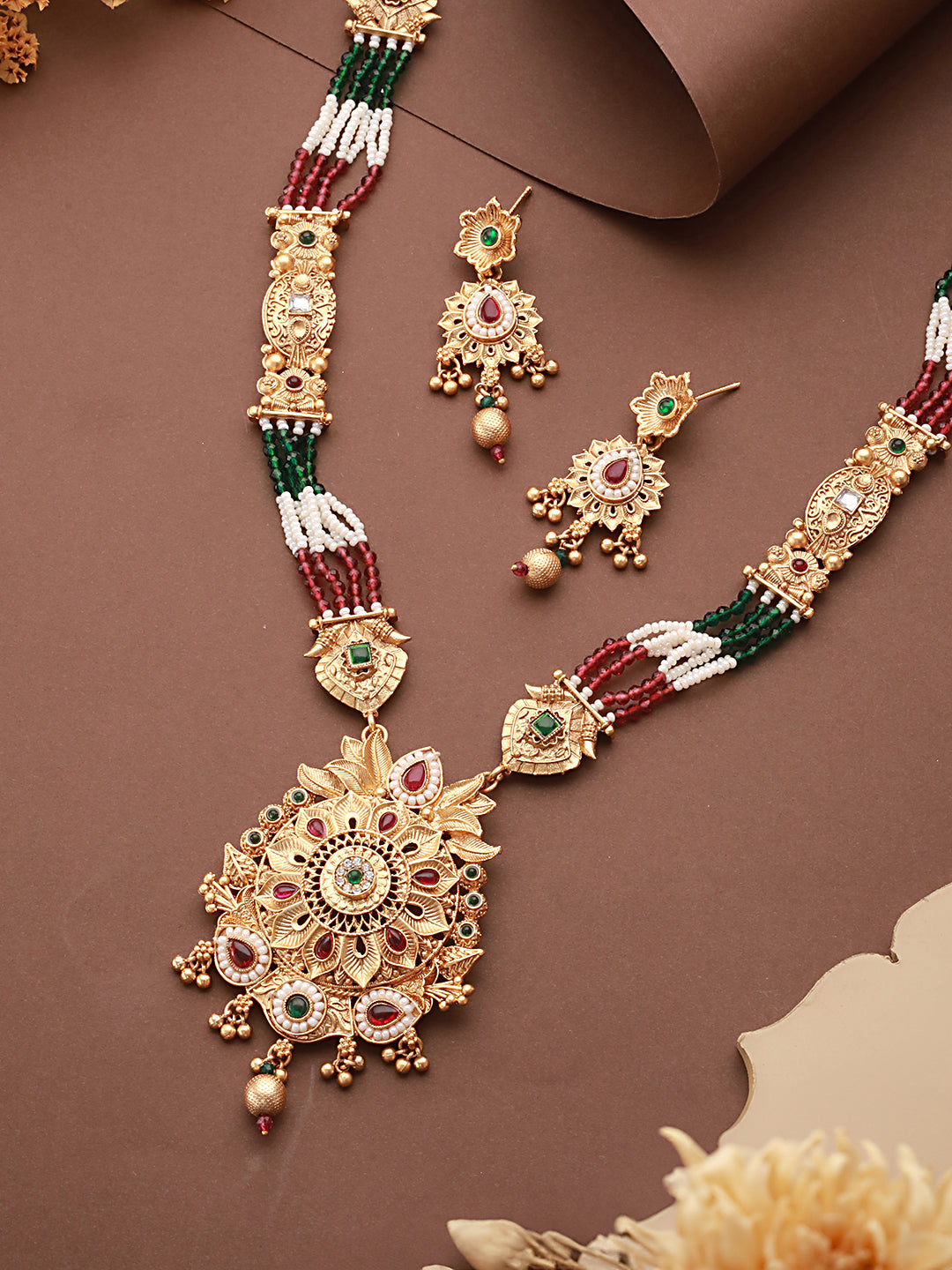 Gold Plated Fusion Stone Studded Pendant Long Maala Bridal  Jewellery Set